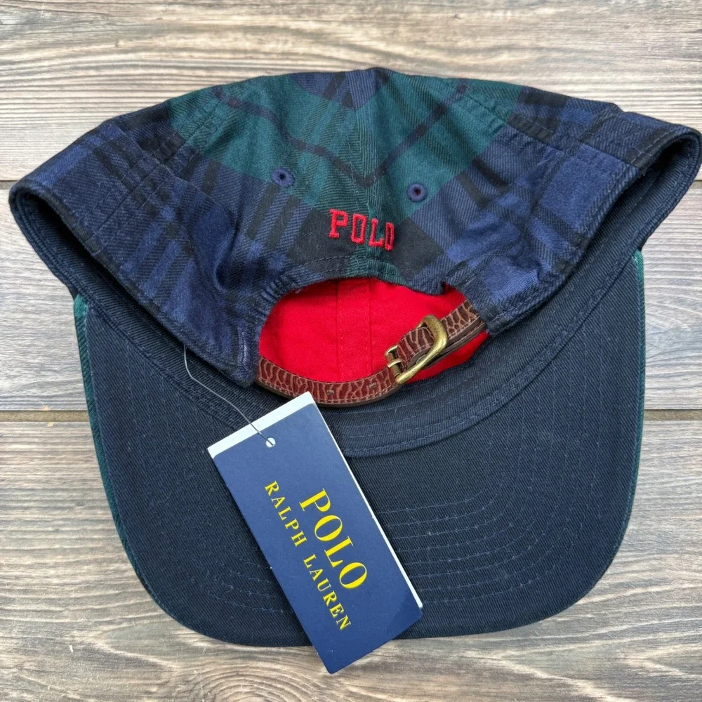 Polo Ralph Lauren Mens Plaid Ball Cap Black Watch Green Blue Leather Strap NWT